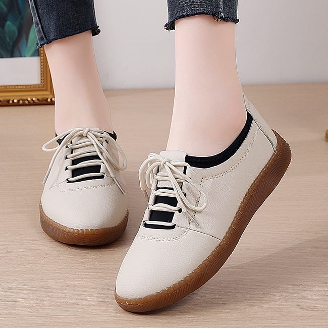 Beige Women's Fashion Soft Sole Cowhide Lazy Shoe - 1