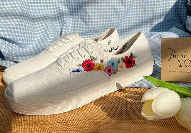 Custom Painted Shoes with Wildflowers and Bees Painting - 1